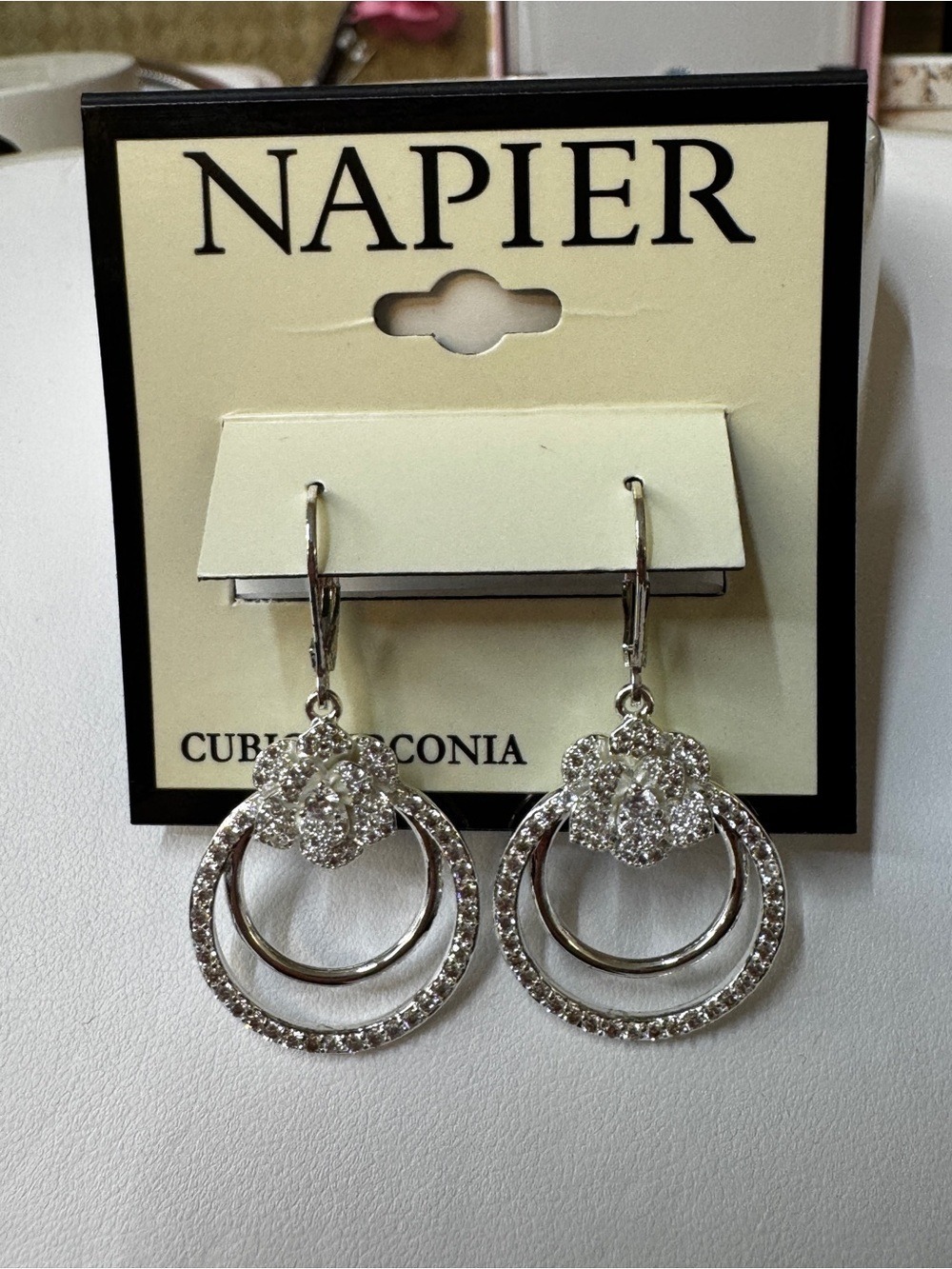 Napier Silver-Tone Crystal Double-Hoop Floral Drop Earrings